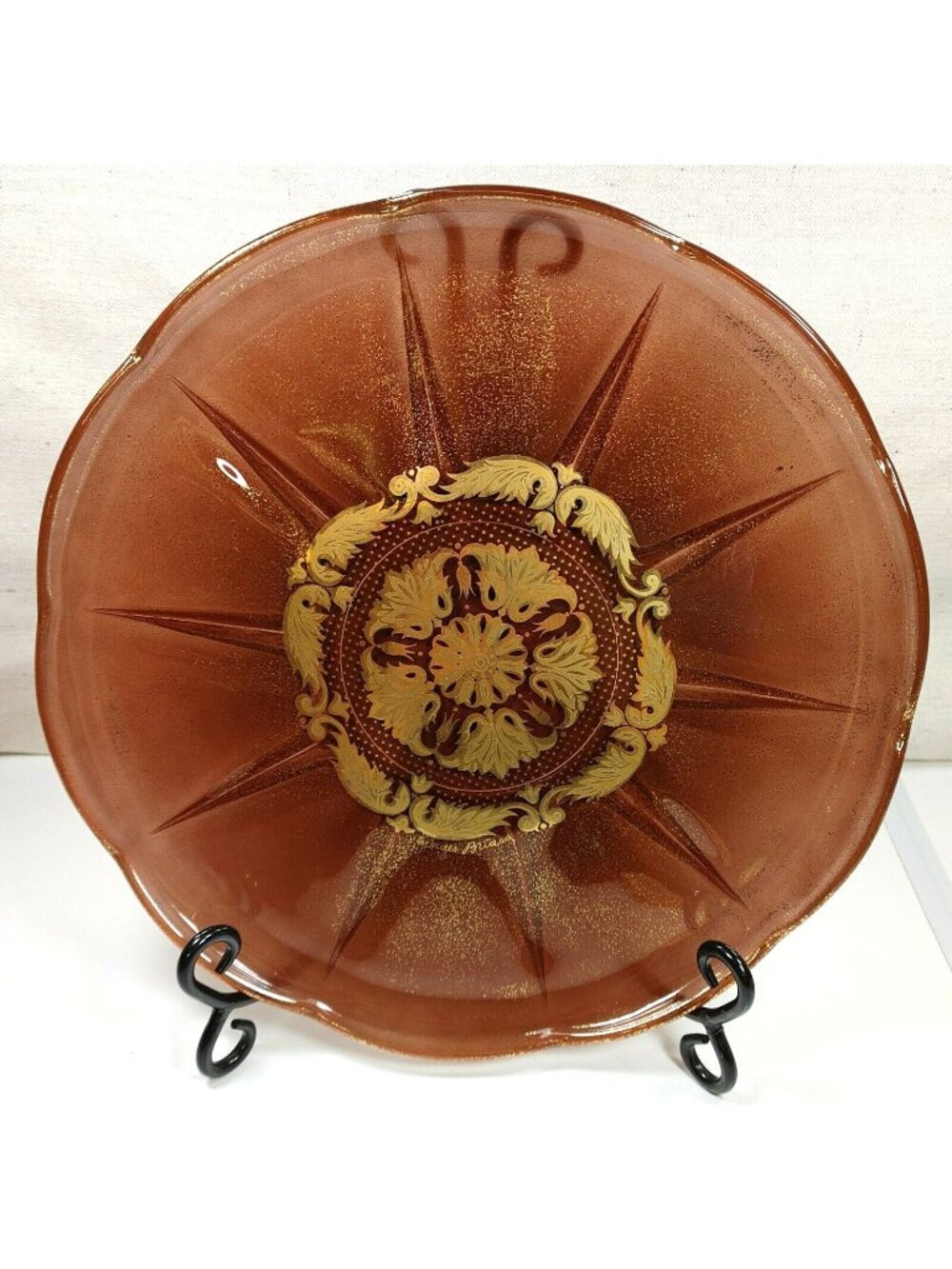 Georges Briard Gold Gilded Amber Glass Plate With Intricate Floral Design Vtg